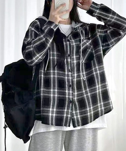 Riff(リフ)の「フード付きチェックシャツ(シャツ/ブラウス・レディース・ネイビー/ブラック・FREE)」の11枚目の写真