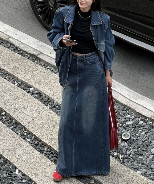 FAVORITO(ファヴォリート)の「デニムシングルブレストシャツロングスカートセットアップ(セットアップ・レディース・ブルー・XL/L/M/S)」の1枚目の写真