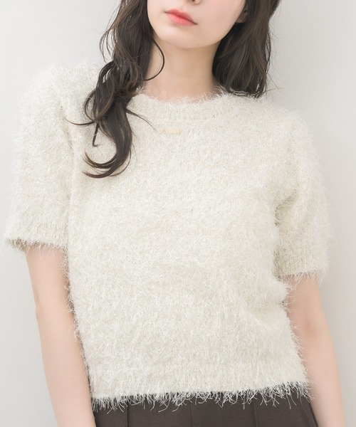 RETRO GIRL(レトロガール)の「半袖ラメシャギーニット(ニット/セーター・レディース・ナチュラル/ベージュ/ブルー・FREE)」の1枚目の写真