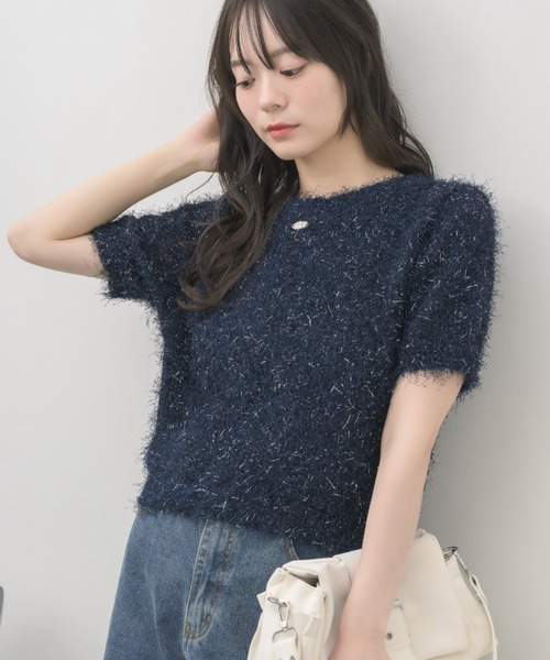 RETRO GIRL(レトロガール)の「半袖ラメシャギーニット(ニット/セーター・レディース・ナチュラル/ベージュ/ブルー・FREE)」の3枚目の写真