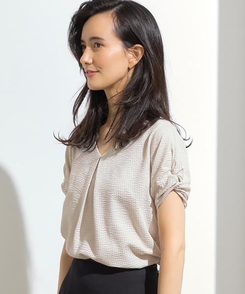 green label relaxing（グリーンレーベルリラクシング）の「D サッカーストライプ ソデツイスト カットソー ◆（Tシャツ/カットソー・レディース・ベージュ/ダークグリーン/ネイビー・FREE）」の2枚目の写真