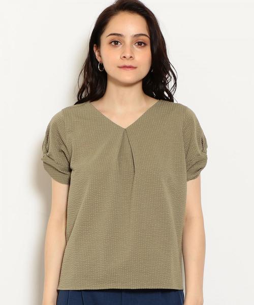 green label relaxing（グリーンレーベルリラクシング）の「D サッカーストライプ ソデツイスト カットソー ◆（Tシャツ/カットソー・レディース・ベージュ/ダークグリーン/ネイビー・FREE）」の5枚目の写真