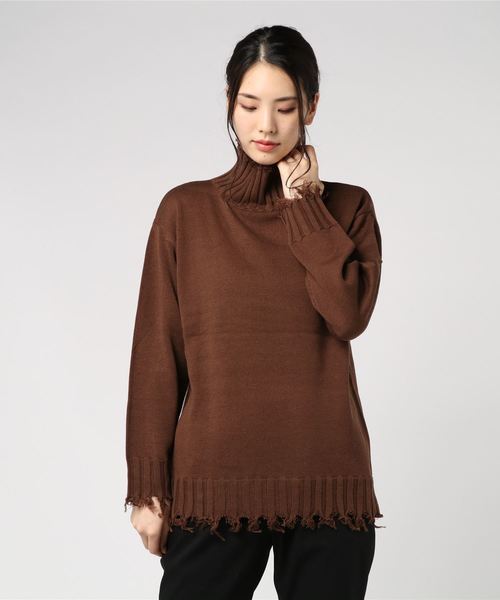 And A（アンドエー）の「And A アンドエー / ダメージ加工ハイネックプルオーバーニット セーター（ニット/セーター・レディース・オフホワイト/ブラウン/ブラック・38）」の4枚目の写真