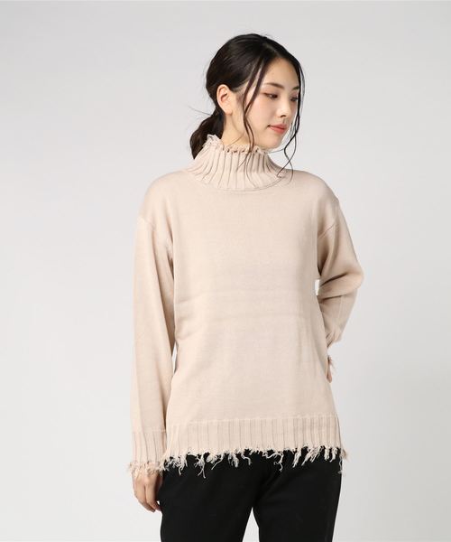 And A（アンドエー）の「And A アンドエー / ダメージ加工ハイネックプルオーバーニット セーター（ニット/セーター・レディース・オフホワイト/ブラウン/ブラック・38）」の2枚目の写真