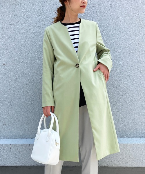 PICCIN（ピッチン）の「カラーレスロングコート（ノーカラージャケット・レディース・ベージュ/ネイビー/サックスブルー/グリーン・MEDIUM/LARGE/L/M）」の3枚目の写真