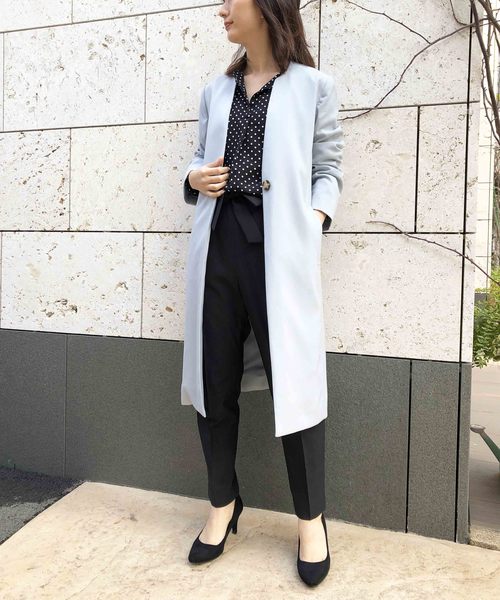 PICCIN（ピッチン）の「カラーレスロングコート（ノーカラージャケット・レディース・ベージュ/ネイビー/サックスブルー/グリーン・MEDIUM/LARGE/L/M）」の5枚目の写真