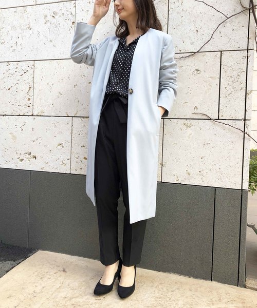 PICCIN（ピッチン）の「カラーレスロングコート（ノーカラージャケット・レディース・ベージュ/ネイビー/サックスブルー/グリーン・MEDIUM/LARGE/L/M）」の6枚目の写真