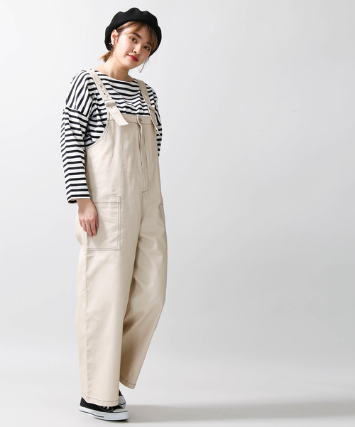 WEGO（ウィゴー）の「WEGO/配色ステッチオーバーオール（サロペット/オーバーオール・レディース・ブラック/アイボリー・FREE）」の2枚目の写真