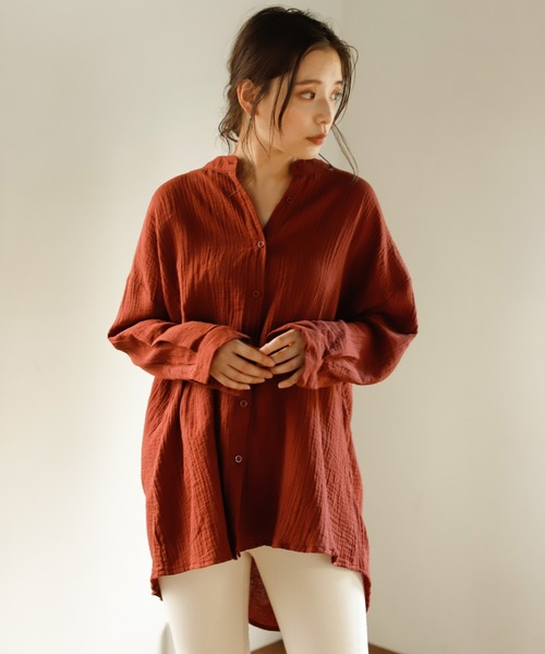 Auntie Rosa Holiday（アンティローザホリデー）の「【Holiday】バンドカラーダブルガーゼルーズシャツ（シャツ/ブラウス・レディース・ブラック/パープル/グリーン/モカ/ナチュラル/バーガンディー・FREE）」の6枚目の写真