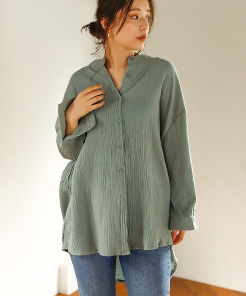 Auntie Rosa Holiday（アンティローザホリデー）の「【Holiday】バンドカラーダブルガーゼルーズシャツ（シャツ/ブラウス・レディース・ブラック/パープル/グリーン/モカ/ナチュラル/バーガンディー・FREE）」の5枚目の写真