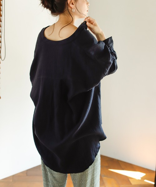 Auntie Rosa Holiday（アンティローザホリデー）の「【Holiday】バンドカラーダブルガーゼルーズシャツ（シャツ/ブラウス・レディース・ブラック/パープル/グリーン/モカ/ナチュラル/バーガンディー・FREE）」の9枚目の写真