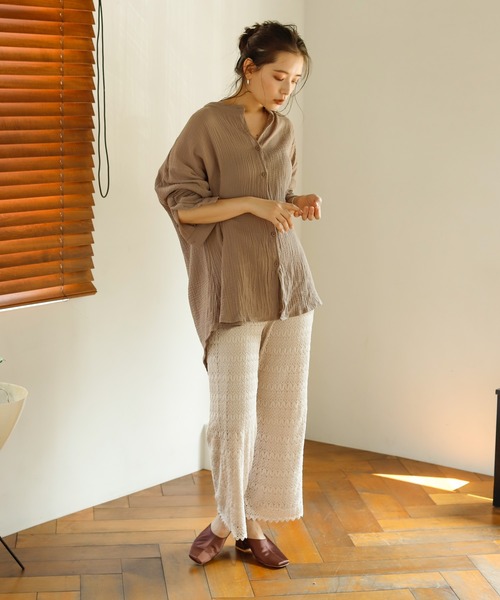 Auntie Rosa Holiday（アンティローザホリデー）の「【Holiday】バンドカラーダブルガーゼルーズシャツ（シャツ/ブラウス・レディース・ブラック/パープル/グリーン/モカ/ナチュラル/バーガンディー・FREE）」の19枚目の写真