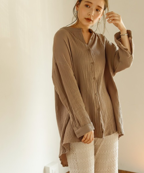 Auntie Rosa Holiday（アンティローザホリデー）の「【Holiday】バンドカラーダブルガーゼルーズシャツ（シャツ/ブラウス・レディース・ブラック/パープル/グリーン/モカ/ナチュラル/バーガンディー・FREE）」の15枚目の写真