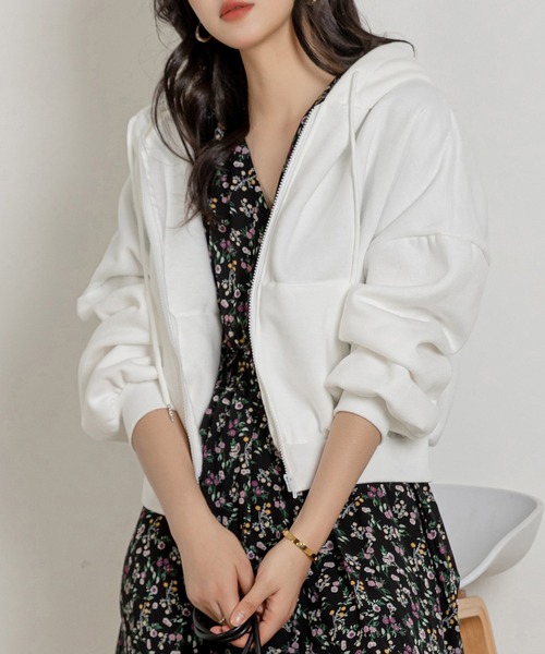 レディース 裏起毛ドロップショルダークロップドパーカー（パーカー