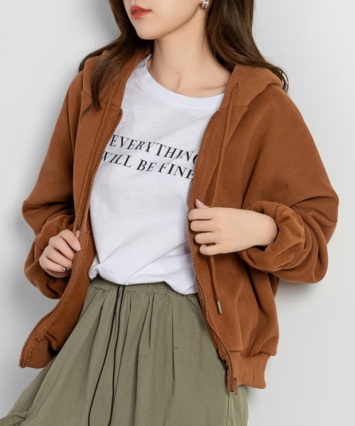 レディース 裏起毛ドロップショルダークロップドパーカー（パーカー