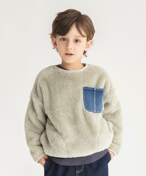 BRANSHES（ブランシェス）の「【あったか】ボア＆デニムポケットトレーナー（スウェット・キッズ・チャコールグレー/ベージュ・90/100/110/120/130/140/150）」の2枚目の写真