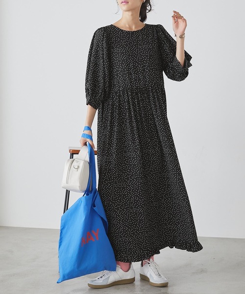 Forksy シフォン裾フリル五分袖ギャザーワンピース 小花柄 ランダムドット柄 ワンピース Forksy フォルクシー のファッション通販 Zozotown