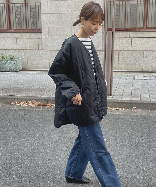 ulu（ウル）の「Original quilting over silhouette coat（ノーカラージャケット・レディース・ブラック/カーキ/アイボリー・FREE）」の9枚目の写真