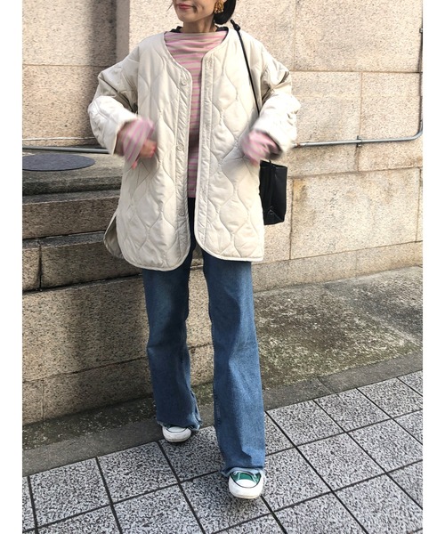 ulu（ウル）の「Original quilting over silhouette coat（ノーカラージャケット・レディース・ブラック/カーキ/アイボリー・FREE）」の17枚目の写真