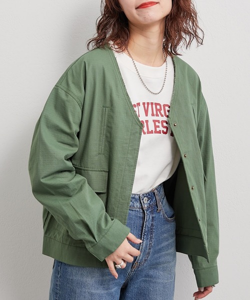 CIAOPANIC TYPY（チャオパニックティピー）の「■ノーカラーミリタリージャケット（ノーカラージャケット・レディース・ベージュ/ブラウン/カーキ・ONE SIZE）」の3枚目の写真