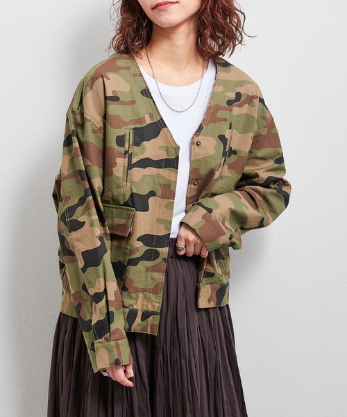 CIAOPANIC TYPY（チャオパニックティピー）の「■ノーカラーミリタリージャケット（ノーカラージャケット・レディース・ベージュ/ブラウン/カーキ・ONE SIZE）」の4枚目の写真