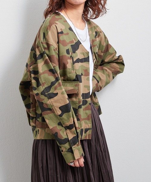 CIAOPANIC TYPY（チャオパニックティピー）の「■ノーカラーミリタリージャケット（ノーカラージャケット・レディース・ベージュ/ブラウン/カーキ・ONE SIZE）」の8枚目の写真