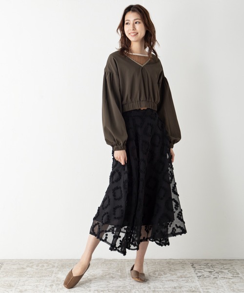 MILLION CARATS(ミリオンカラッツ)の「エアリーな揺れ感が女性らしいシルエットを構築する凹凸のあるシアーモチーフフレアスカート(スカート・レディース・ブラック/ベージュ/ライトグリーン・FREE)」の21枚目の写真