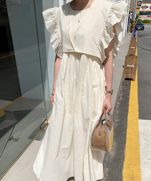 Leja（レジャ）の「【LEJA】袖フリルレイヤード取り外しボレロロングワンピースセットアップ（ワンピース・レディース・イエロー/カーキブラウン/ナチュラル・FREE）」の7枚目の写真