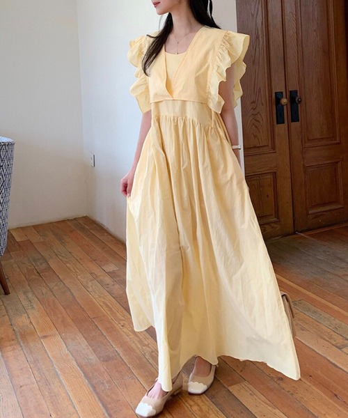 Leja（レジャ）の「【LEJA】袖フリルレイヤード取り外しボレロロングワンピースセットアップ（ワンピース・レディース・イエロー/カーキブラウン/ナチュラル・FREE）」の9枚目の写真