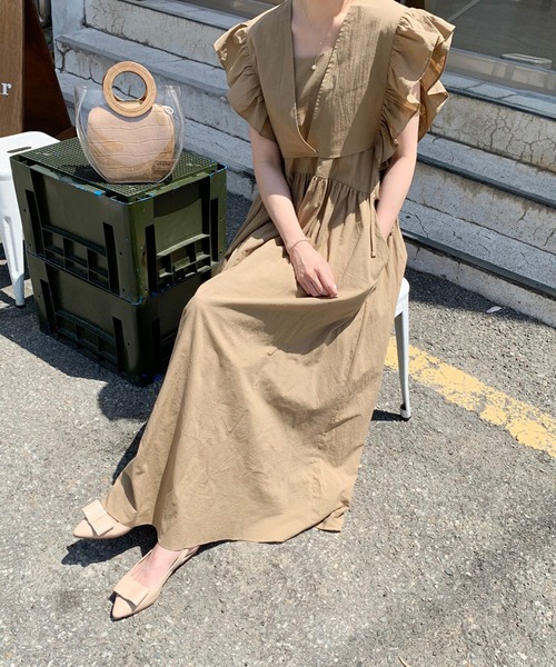 Leja（レジャ）の「【LEJA】袖フリルレイヤード取り外しボレロロングワンピースセットアップ（ワンピース・レディース・イエロー/カーキブラウン/ナチュラル・FREE）」の16枚目の写真