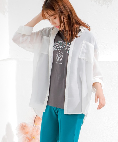 Honeys(ハニーズ)の「シアーシャツ(シャツ/ブラウス・レディース・モカ/ブラック/グリーン/ホワイト/ピンク/ブルー・S/L/M)」の12枚目の写真