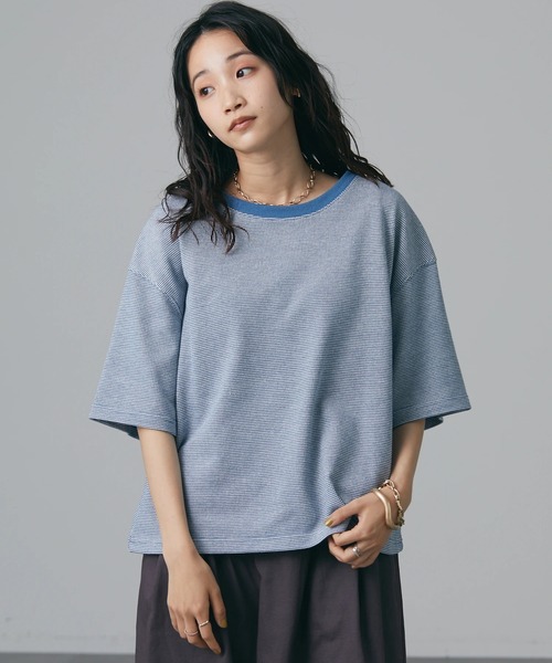 CRAFT STANDARD BOUTIQUE(クラフトスタンダードブティック)の「レトロ柄半袖カットプルオーバー *◆(Tシャツ/カットソー・レディース・チャコールグレー/サックスブルー・FREE)」の2枚目の写真