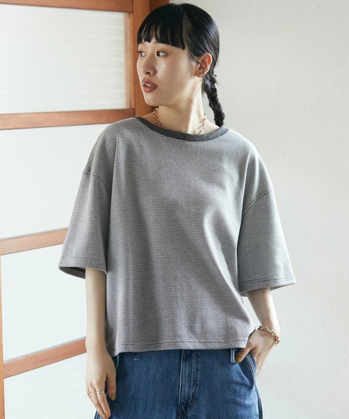 CRAFT STANDARD BOUTIQUE(クラフトスタンダードブティック)の「レトロ柄半袖カットプルオーバー *◆(Tシャツ/カットソー・レディース・チャコールグレー/サックスブルー・FREE)」の1枚目の写真