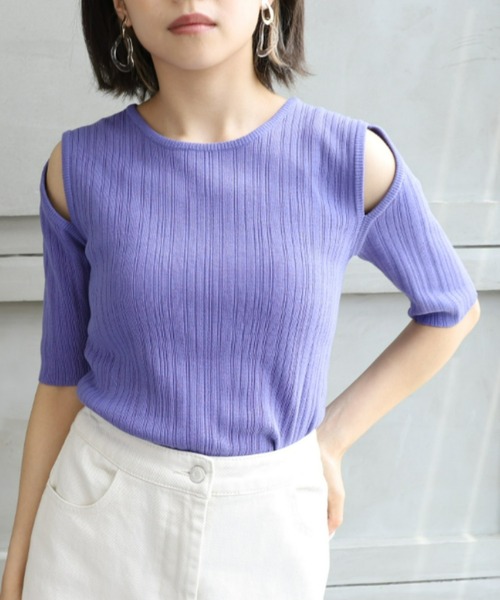 moment+(モーメントプラス)の「【セットアップ対応】麻タッチ ショルダーカットアウト クルーネックランダムリブニットプルオーバー(ニット/セーター・レディース・ブルー/ブラック/オフホワイト・M)」の1枚目の写真