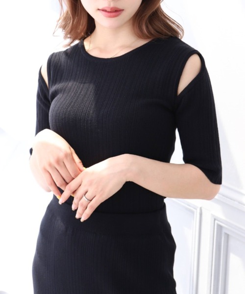 moment+(モーメントプラス)の「【セットアップ対応】麻タッチ ショルダーカットアウト クルーネックランダムリブニットプルオーバー(ニット/セーター・レディース・ブルー/ブラック/オフホワイト・M)」の3枚目の写真
