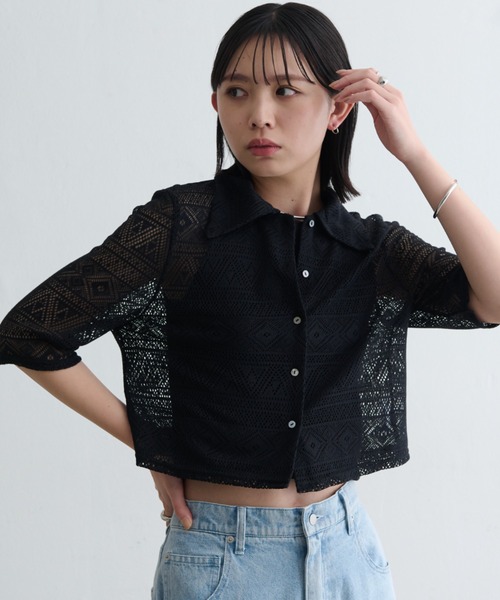 Aunt Marie's（アントマリーズ）の「幾何レースシャツ  / 透かし編み / 五分袖（シャツ/ブラウス・レディース・ブラック/アイボリー・FREE）」の10枚目の写真