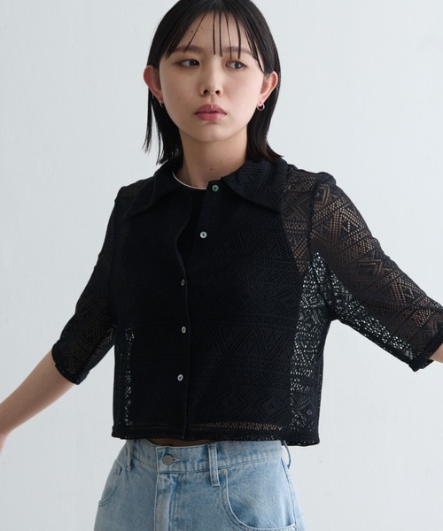 Aunt Marie's（アントマリーズ）の「幾何レースシャツ  / 透かし編み / 五分袖（シャツ/ブラウス・レディース・ブラック/アイボリー・FREE）」の9枚目の写真