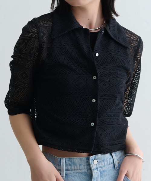 Aunt Marie's（アントマリーズ）の「幾何レースシャツ  / 透かし編み / 五分袖（シャツ/ブラウス・レディース・ブラック/アイボリー・FREE）」の13枚目の写真