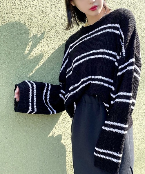 Figments（フィグメンツ）の「サマーボーダーニット（ニット/セーター・レディース・サックスブルー/ブラック/ホワイト・FREE）」の2枚目の写真