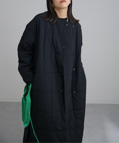 キルティング　コート　ノーカラー セール】ノーカラーキルティングコート ロングブルゾン（ノーカラー
