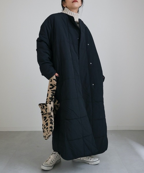 セール】ノーカラーキルティングコート ロングブルゾン（ノーカラー