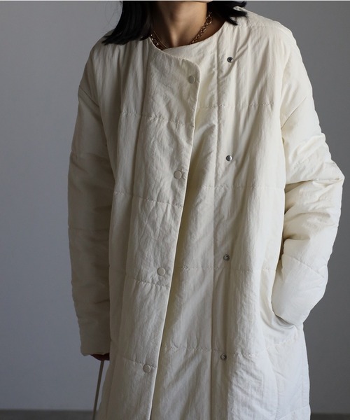 セール】ノーカラーキルティングコート ロングブルゾン（ノーカラー