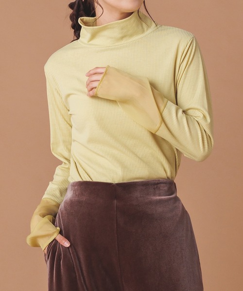 hunch（ハンチ）の「シアー袖切替ハイネックトップス（Tシャツ/カットソー・レディース・イエロー/ブルー/グレー/オフホワイト/ブラック・FREE）」の5枚目の写真