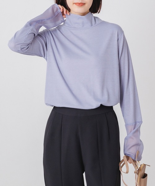 hunch（ハンチ）の「シアー袖切替ハイネックトップス（Tシャツ/カットソー・レディース・イエロー/ブルー/グレー/オフホワイト/ブラック・FREE）」の4枚目の写真