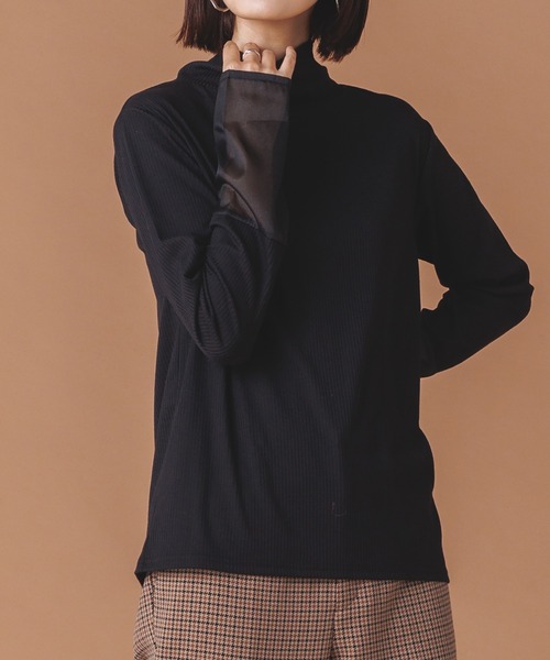 hunch（ハンチ）の「シアー袖切替ハイネックトップス（Tシャツ/カットソー・レディース・イエロー/ブルー/グレー/オフホワイト/ブラック・FREE）」の3枚目の写真