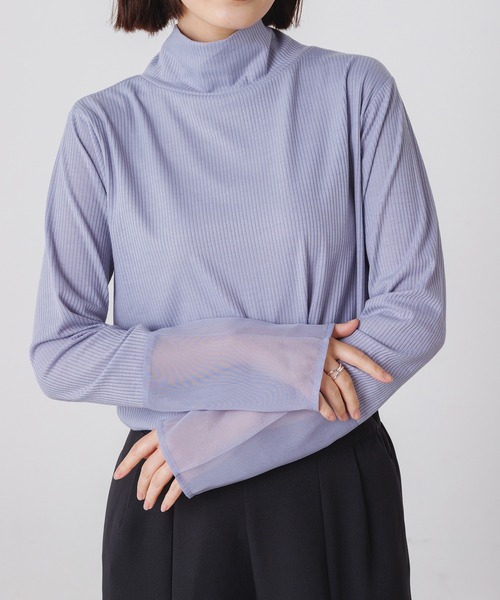 hunch（ハンチ）の「シアー袖切替ハイネックトップス（Tシャツ/カットソー・レディース・イエロー/ブルー/グレー/オフホワイト/ブラック・FREE）」の15枚目の写真