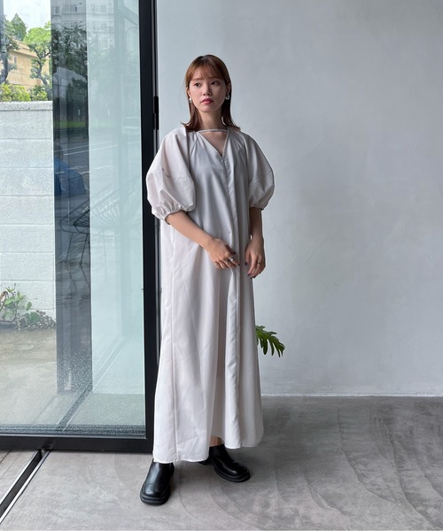 2色 ランタンスリーブ Aライン ワンピース ドレス スクエア 無地 セール】【TALLサイズあり】ランタンスリーブAライン2way