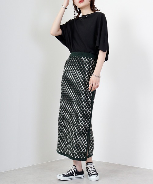 hunch（ハンチ）の「hunch AC ３G 配色JQ編み　ジャガードスカート（スカート・レディース・グリーン系/ブルー系/ブラック系・FREE）」の12枚目の写真