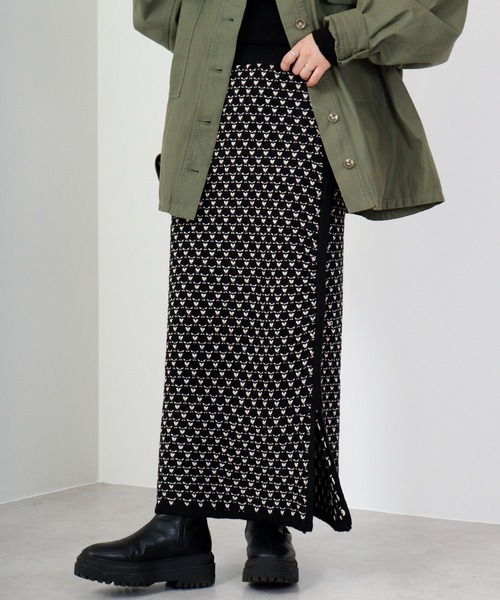 hunch（ハンチ）の「hunch AC ３G 配色JQ編み　ジャガードスカート（スカート・レディース・グリーン系/ブルー系/ブラック系・FREE）」の22枚目の写真