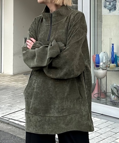 ストリートファッション nmtc + エヌエムティーシープラス oversized half zip top ハーフジップ オーバーサイズ スウェット ジャージ ビッグシルエット 長袖トップス ベロア ハイネックブルゾン